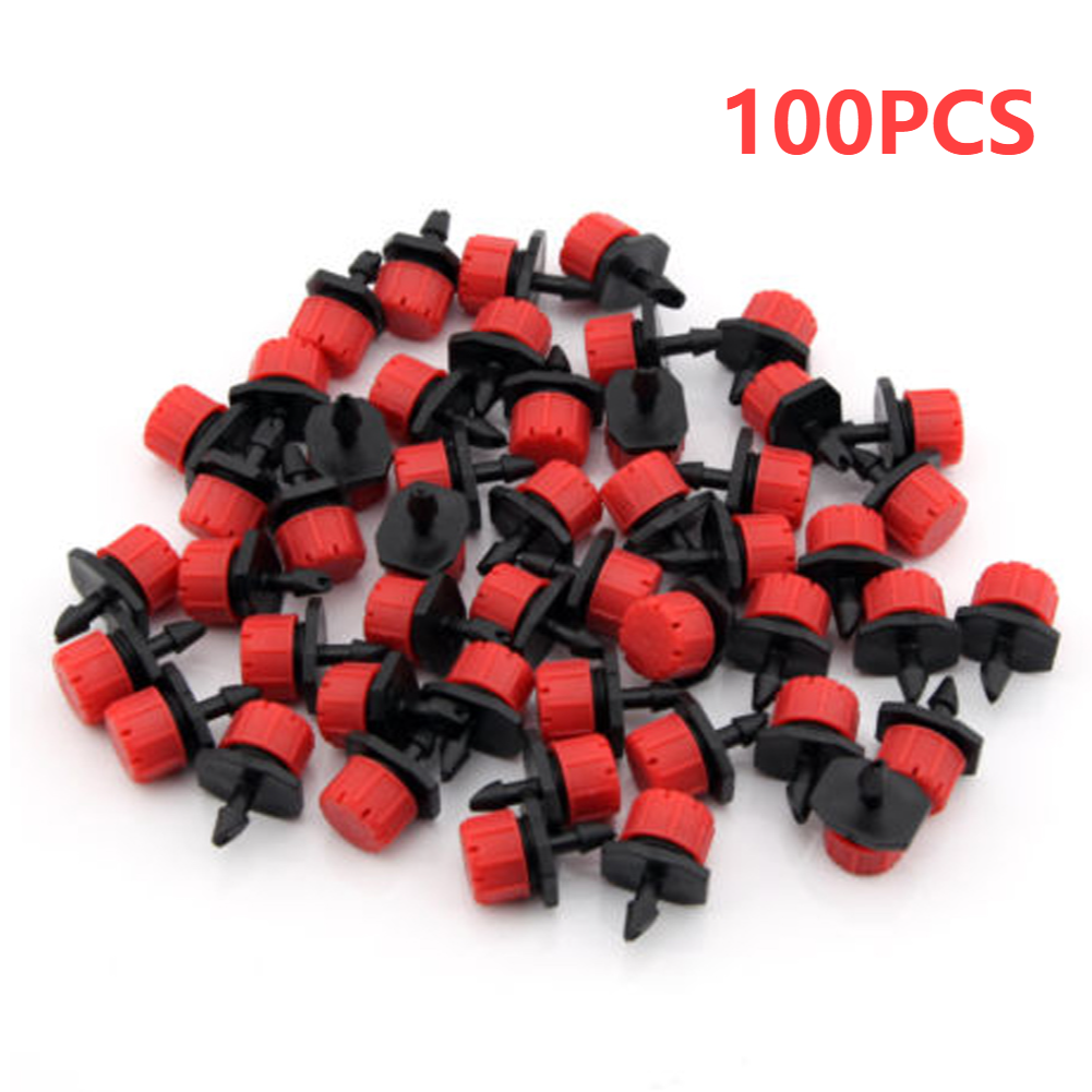 500-100 Uds. Gocciones de riego ajustables de 1/4 pulgadas, aspersores giratorios, microaspersores de riego por goteo para balcón, invernadero: Rojo