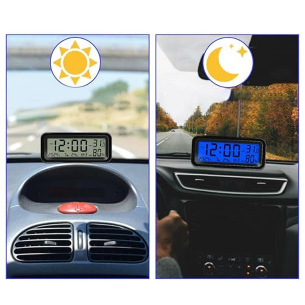 Relojes de energía Solar para coche, termómetro con fecha y semana, pantalla luminosa de humedad, reloj Digital automotriz para pantalla de salpicadero de coche, 1 Uds.