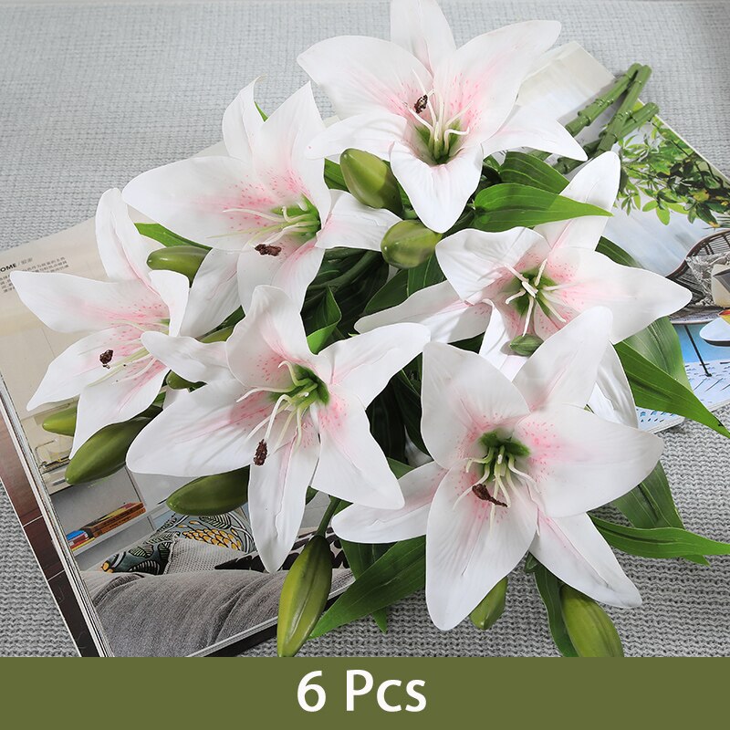6 stk kunstige blomster lilje latex liljer skønhed for evigt bryllupsblomster flores artificiales para decoracion hogar: Flerfarvet lilje