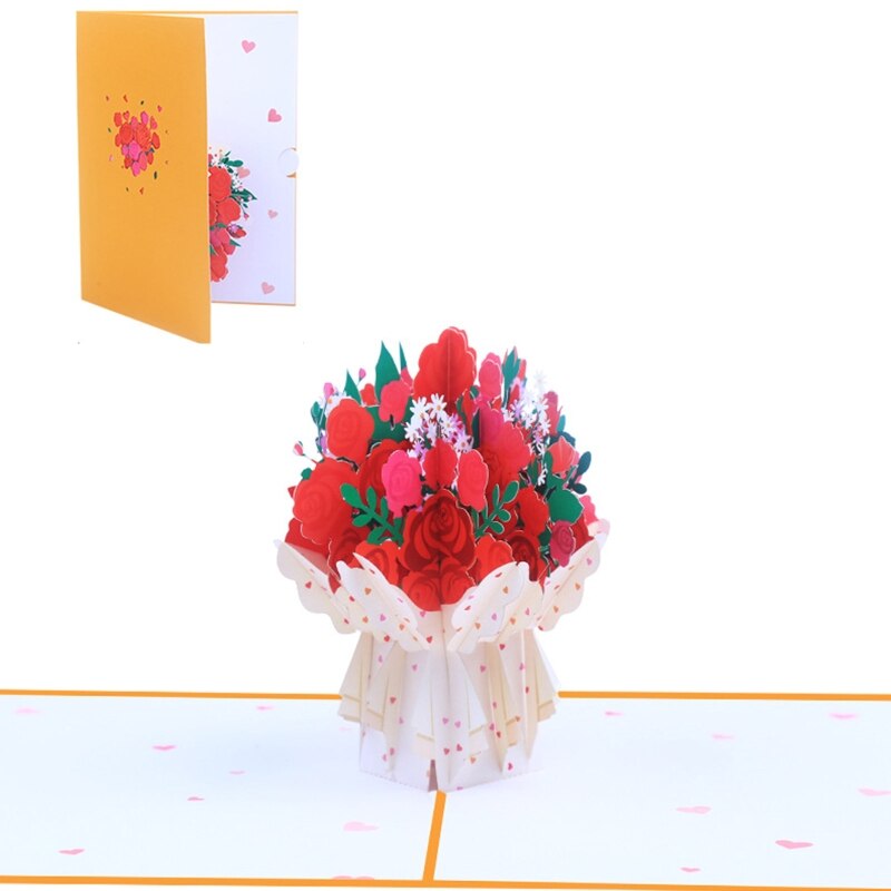 3D Pop Up Greeting Card Flower Bouquet Blessing Message Card Portable Cards