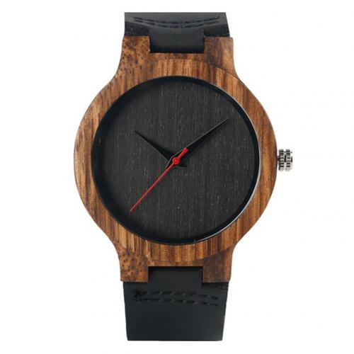 Unisex houten ronde wijzerplaat, kunstleren band, geen nummer, analoog quartz polshorloge, quartz horloges in hout, klok, paarhorloge: Zwart