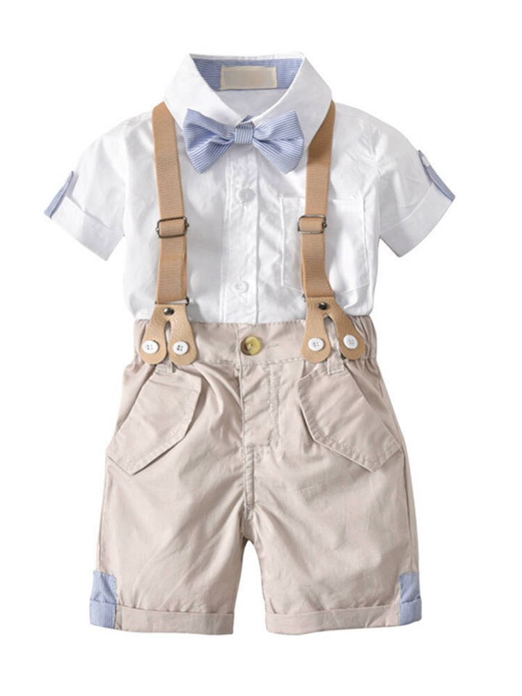 Baby Kleding Set Baby Bruiloft Gentleman Outfit Jongens Verjaardagsfeestje Jarretel Boog Party Suits Korte Mouw Tops + Shorts 2 stuks: 12m