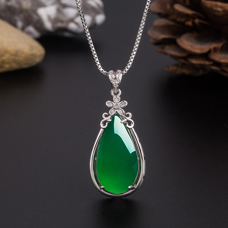 Natural Green Jade Chalcedony Water Pendant 925 Silver Necklace Chinese Carved Charm Jewelry Amulet for Women