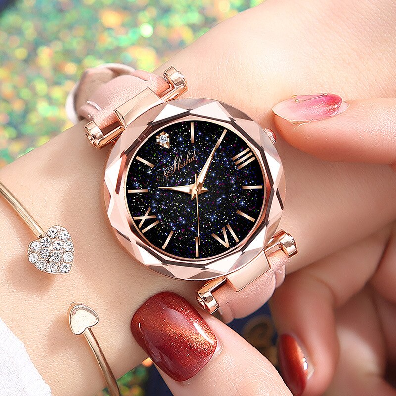 Kvinder afslappet læder dameur kvarts armbåndsur stjernehimmel kvindelig ur reloj mujer relogio feminino: Lyserød farve
