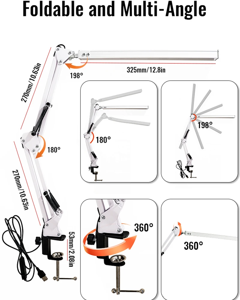 Led-klapbare tafellamp met metalen clip, lange arm, dimbaar, usb-aansluiting, geschikt voor woonkamer, studeerkamer, kantoor, computerbureau en leesruimte.