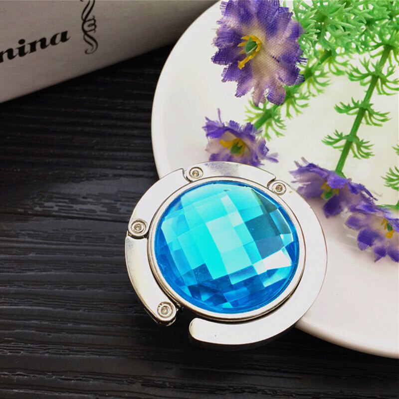 practical Portable Folding Table Desk Hanging Clip Crystal Alloy Purse Handbag Bag Hanger Hook Holder Desk Hanging Hook: Pale blue
