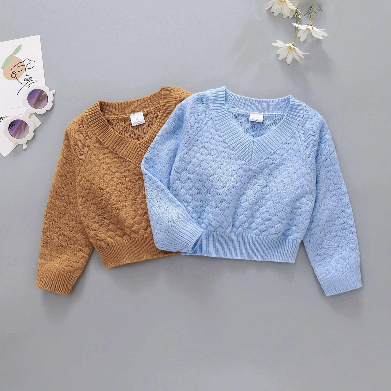 1-6Y autunno inverno bambini ragazze maglione lavorato a maglia top 2 colori solido manica lunga scollo a V Pullover capispalla caldi