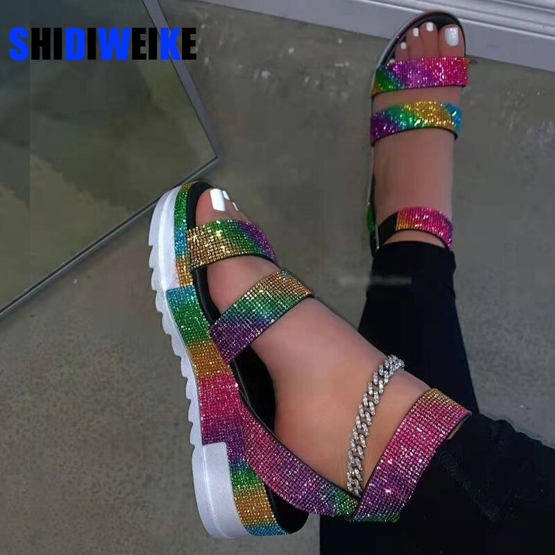 Shiny Rhinestone Platform Bling Beach Sole Ankle Strap Women Sandals Ladies Sports Style Wedges Casual Shoes Big Size 43 AC775
