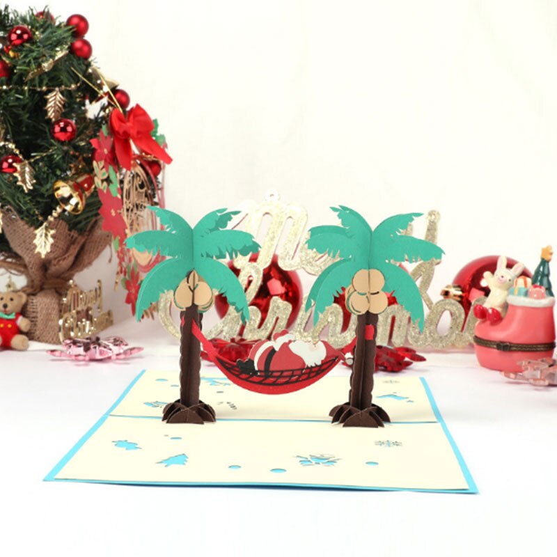 Vacation Santa Claus 3D Christmas Cards Pop Up Christmas Decoration Card Xmas Greeting Year Invitations for