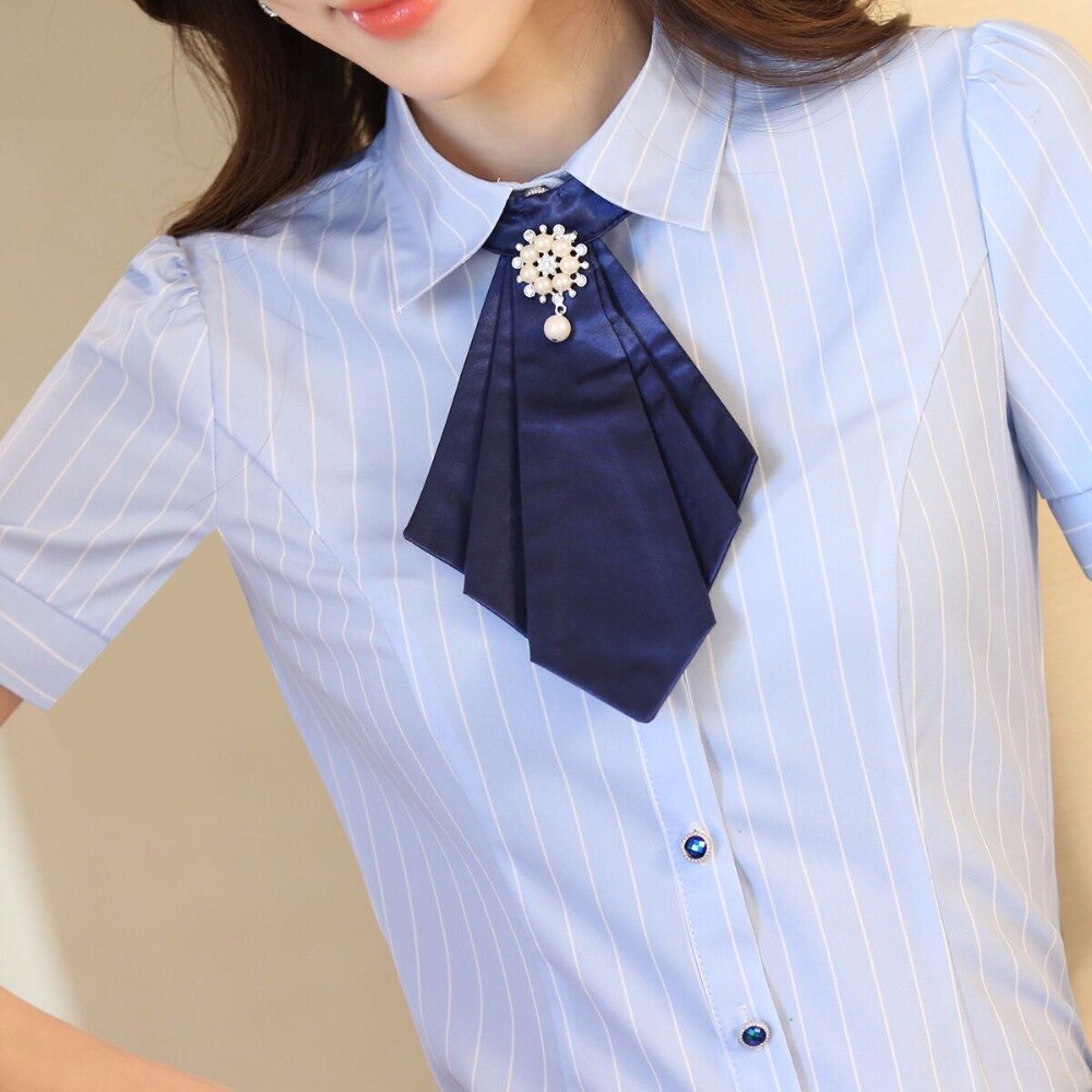 elegante fliege Frauen hemd OL Sommer formale kurzarm dünne Chiffon-streifen bluse büro damen Plus größe arbeiten Spitzen