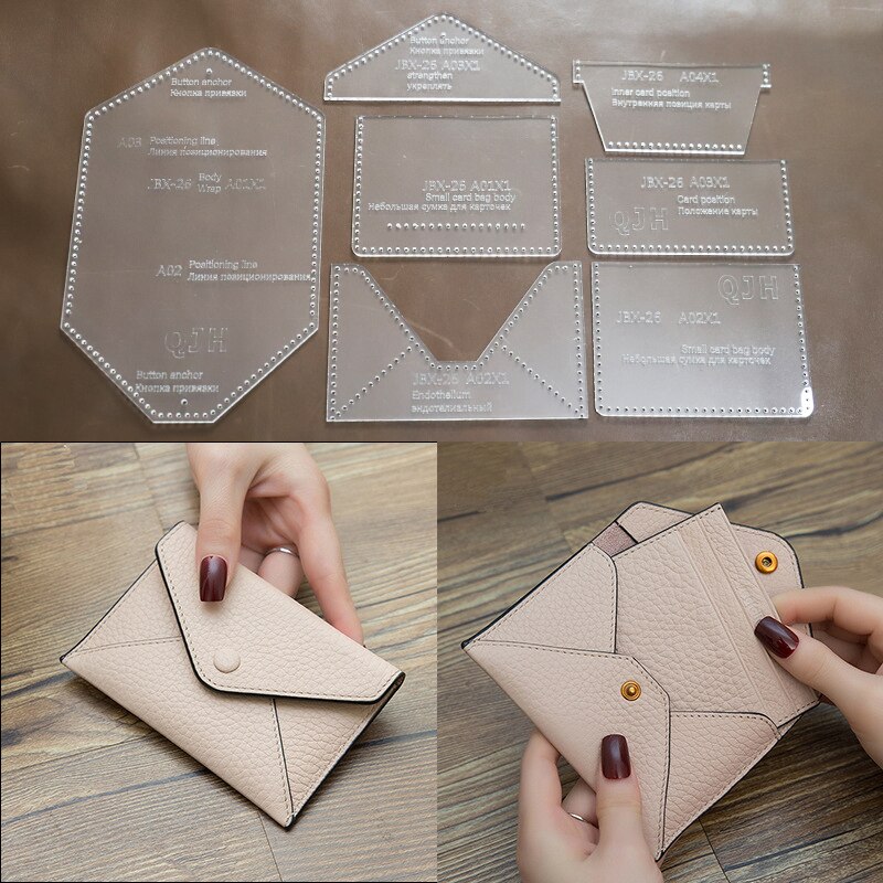 Molde para manualidades de cuero, bolsa con tarjeta de nombre, plantilla acrílica pequeña, bolsa para lápiz labial, plantilla, suministros de patrón de dibujo y costura DIY