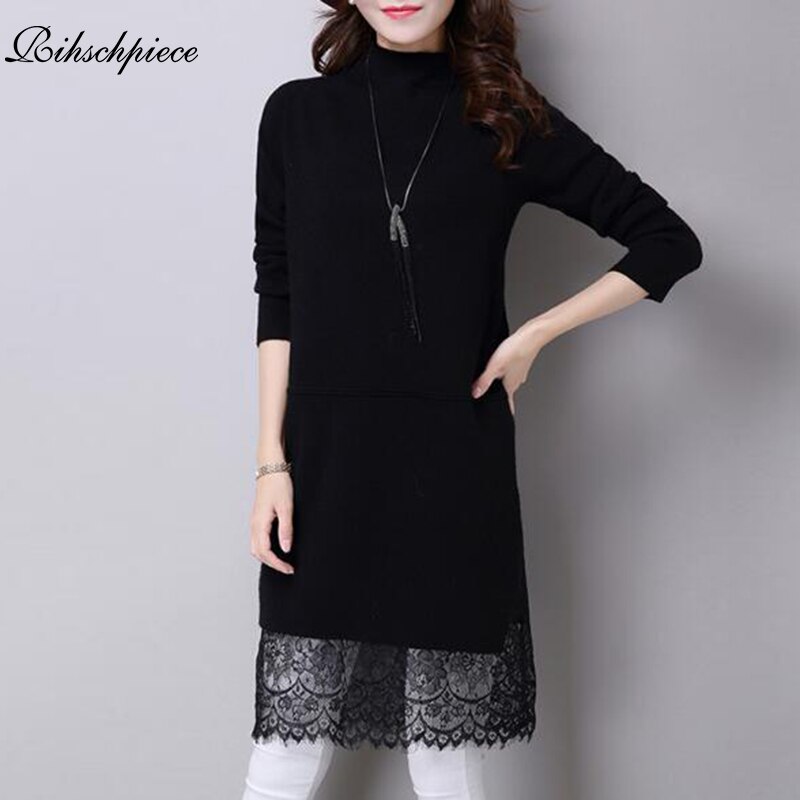 Rihschpiece Winter Spitze Kleid Frauen Gestrickte zur Seite fahren Kleider Gittergewebe Jahrgang Schwarz Rollkragen warm Kleid RZF1399