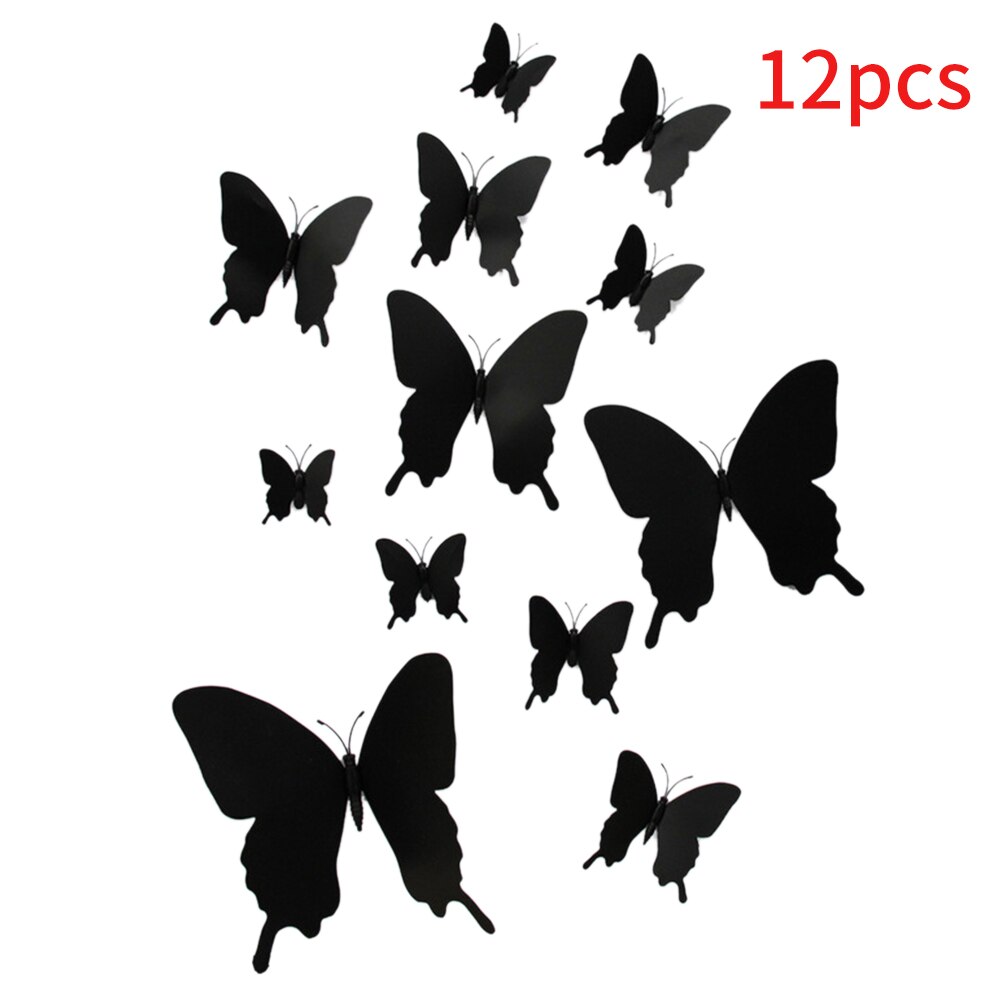 12pcs 3D Butterfly With Magnet Wall Sticker Removable Party Window Single Layer Home Decor Fridge PVC DIY Decals Living Room: Black
