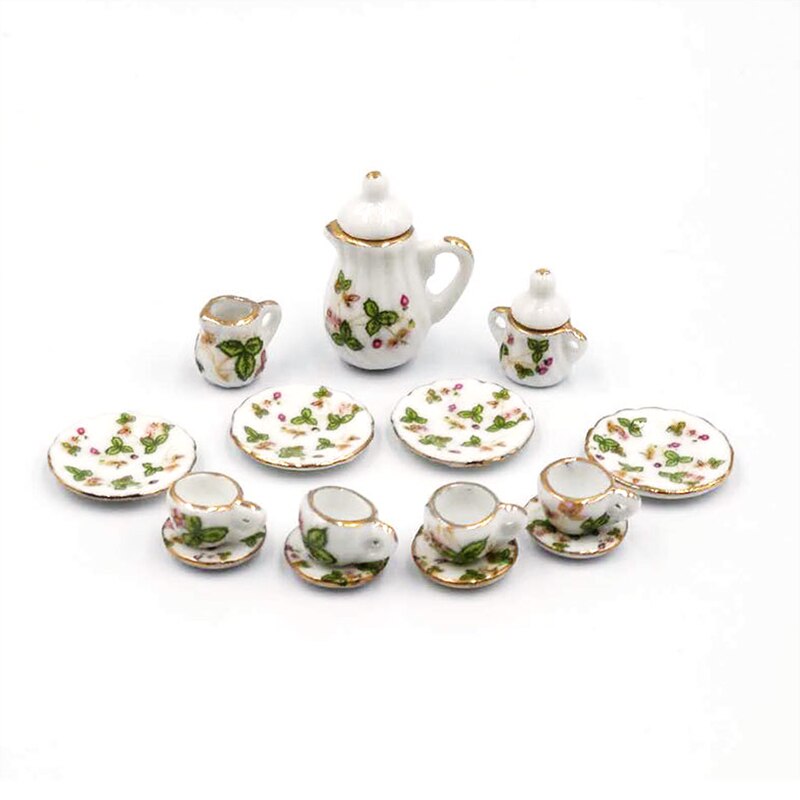 15pcs 1:12 Mini Porcelain Tea Cup Set China Flower Tableware Kitchen Doll House Scene Model Play House Toys: I