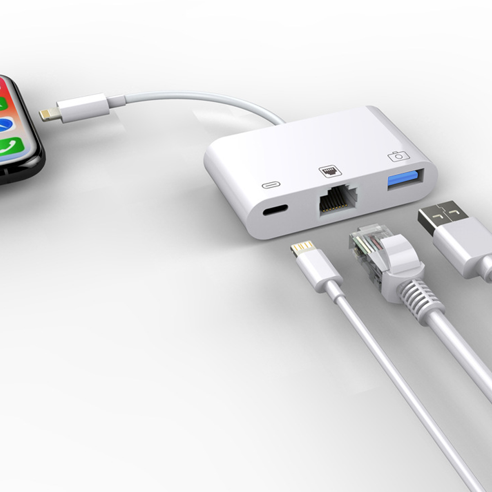 Adaptador 3 en 1 Lightning a tarjeta de red Rj45, adaptador de carga de cámara Lightning a Ethernet para iPhone 14 13/12/11 pro Max iPad