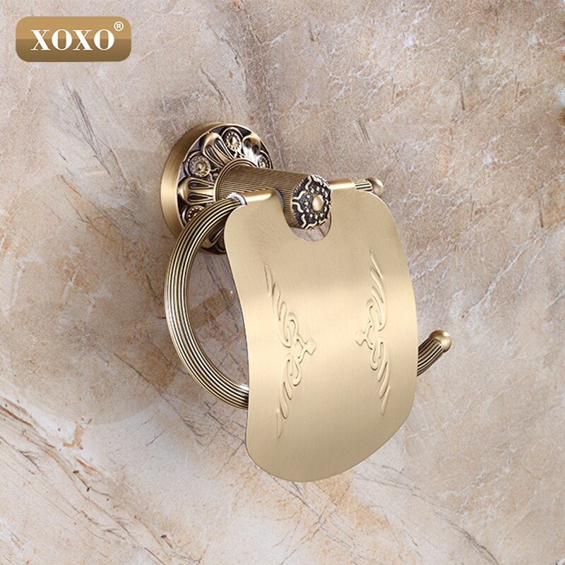 XOXO Bathroom Toilet Paper Holder With Cover Antique Brass Roll Tissue Rack Carved Pattern Base Paper Shelf Wall Mounted15086B