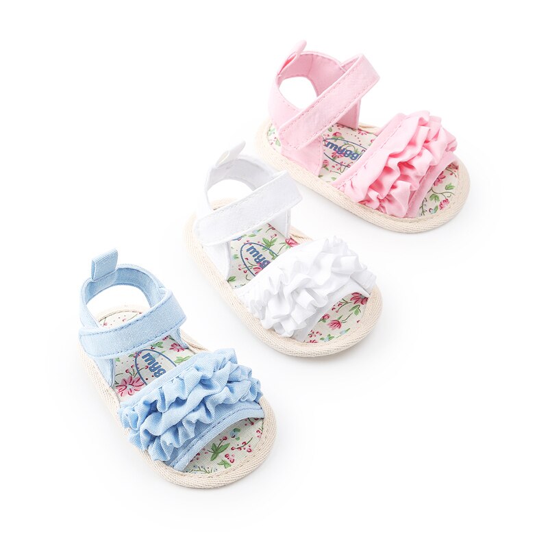 Sandalias de verano para bebés, niños pequeños, recién nacidos, sandalias con flores para niñas, zapatos de cuna casuales con volantes florales, primeros andadores 0-18M