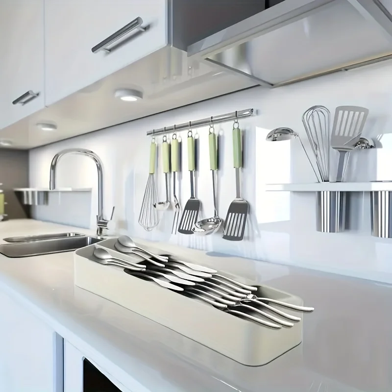 Compact Cutlery Organizer Kitchen Drawer Tray with Multiple Compartments for Forks Spoons Accessory Storage Cutlery Holder