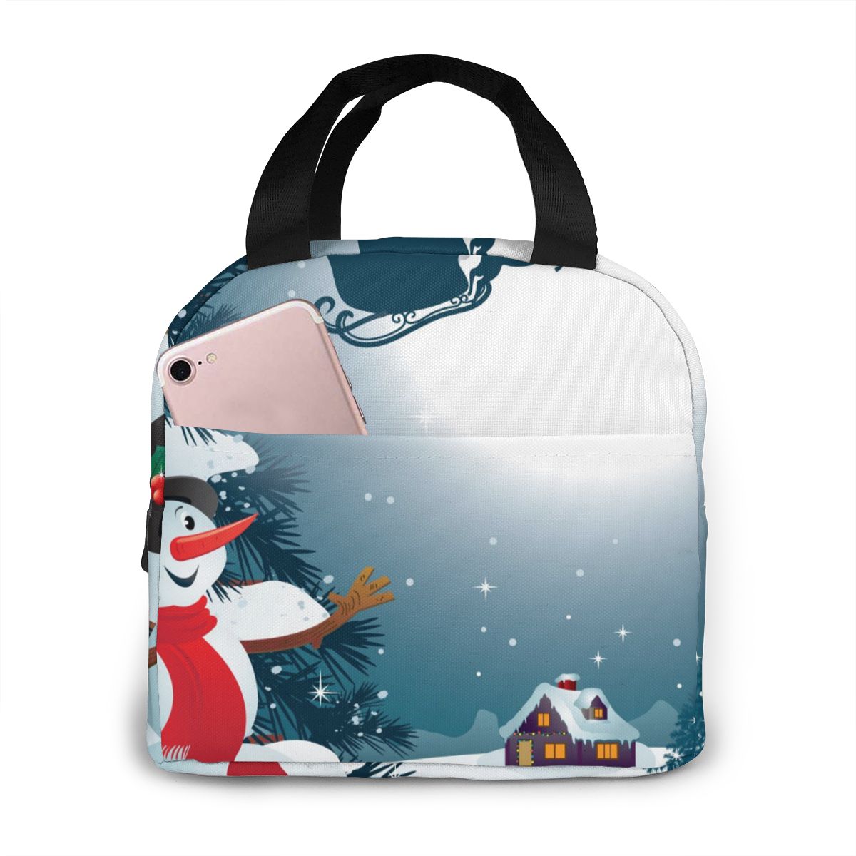 Merry Christmas Red Truck With Tree Lunch Bag Portable Insulated Thermal Cooler Bento Lunch Box Tote Picnic Storage Bag Pouch: Black 3