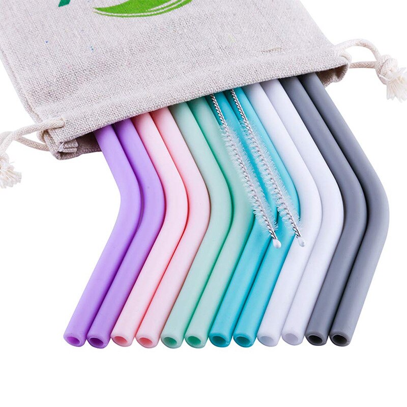 Cubo de silicona curvo para cocina y Bar, paja fina de silicona para reciclaje, paja de silicona comestible ecológica, 5 unidades por lote