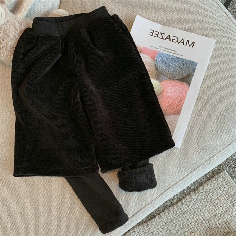 Spodnie dziecięce fałszywe dwuczęściowe wełniane oraz aksamitne grube spodnie 2020 zimowe ubrania nowe modne ubrania Gilrs w stylu brytyjskim