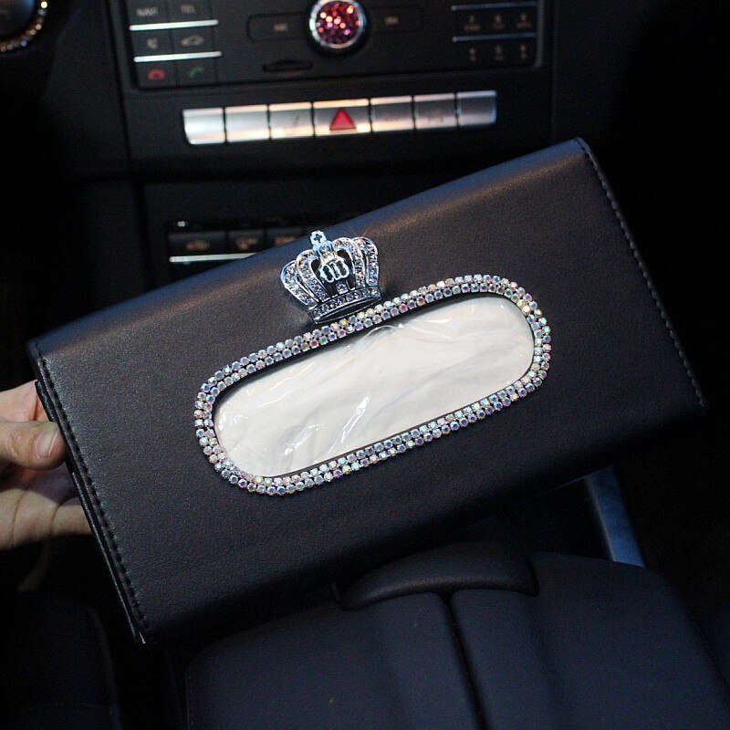 Moda couro do plutônio caixa de tecido do carro viseira sol bling diamante cisne coroa tecido titular caixa para acessórios do carro meninas: Black Crown