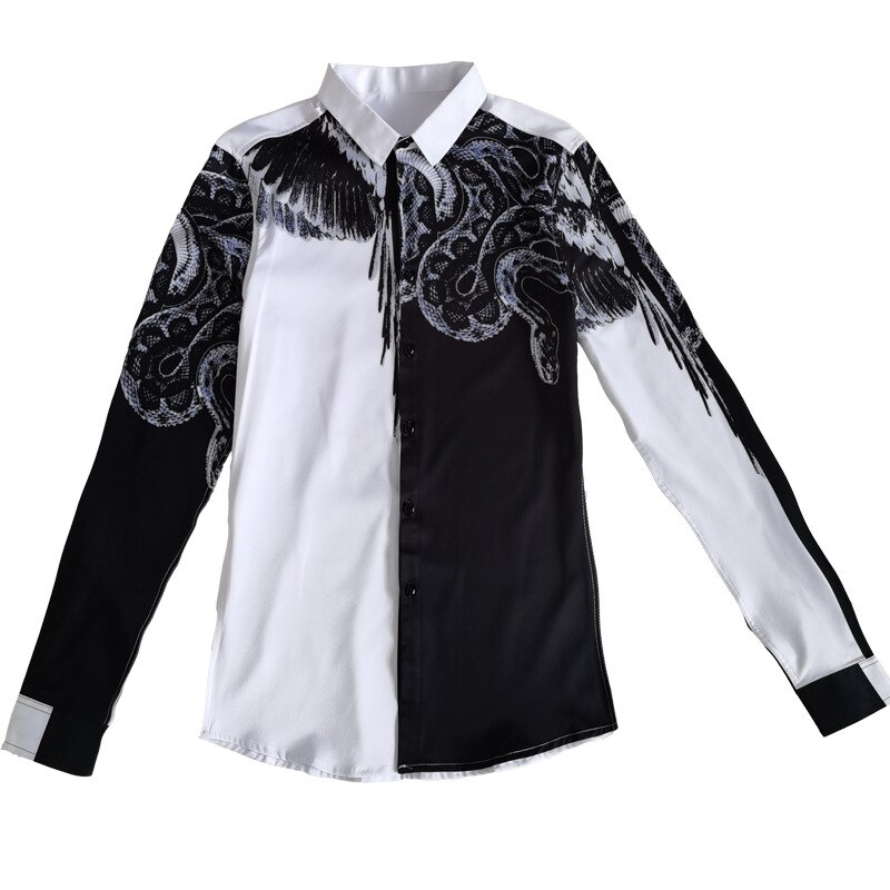 Long-sleeved shirt men's printed slim-fitting clothes trendy personality boys hair salon bottoming shirt