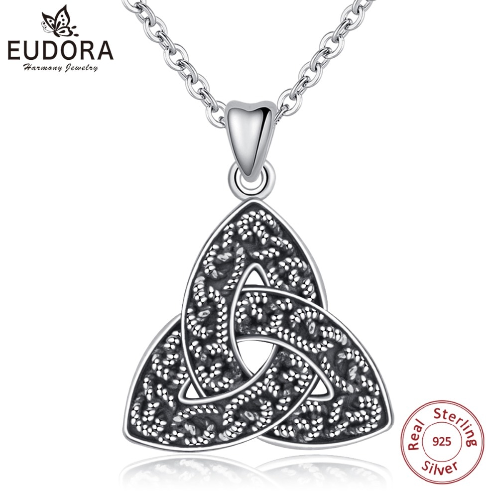 EUDORA 100% 925 Sterling Silber Celtics Dreieinigkeit Knoten Triquetra Anhänger Halskette Für Frauen Oxidiert Splitter Feine Schmuck CYD319