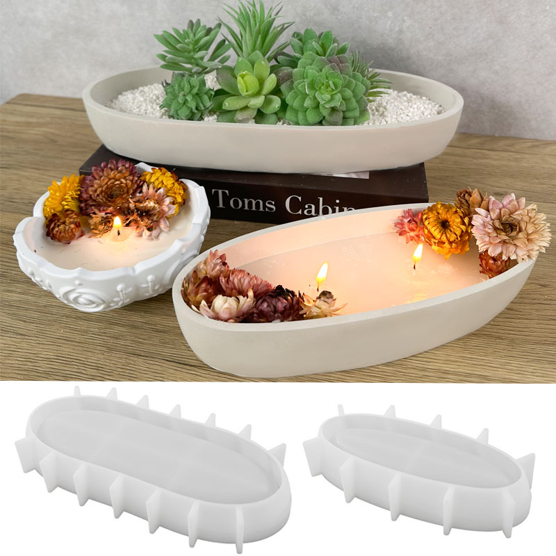 Tarro de vela ovalado de hormigón, molde de silicona DIY con forma de barco, artesanía, fabricación de tarros, caja de almacenamiento de cemento y yeso, moldes de fundición para decoración del hogar