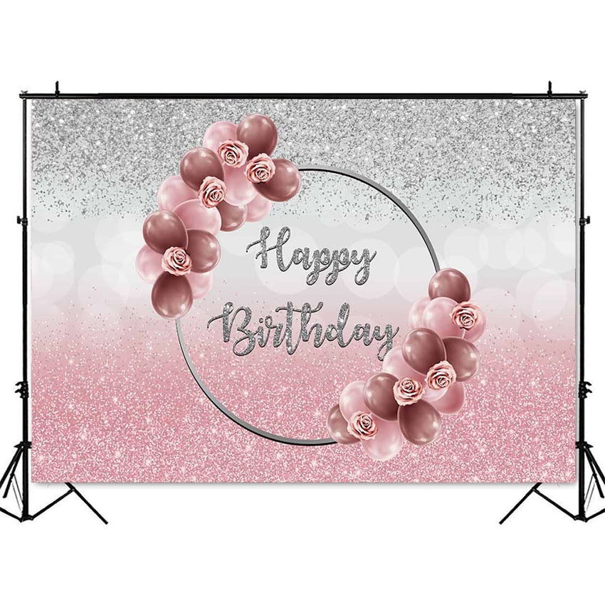 Gelukkige Verjaardag Roze En Sliver Achtergrond Bokeh Glitter Foto Achtergrond Studio Rood En Roze Ballonnen Verjaardagsfeestje Decoratie