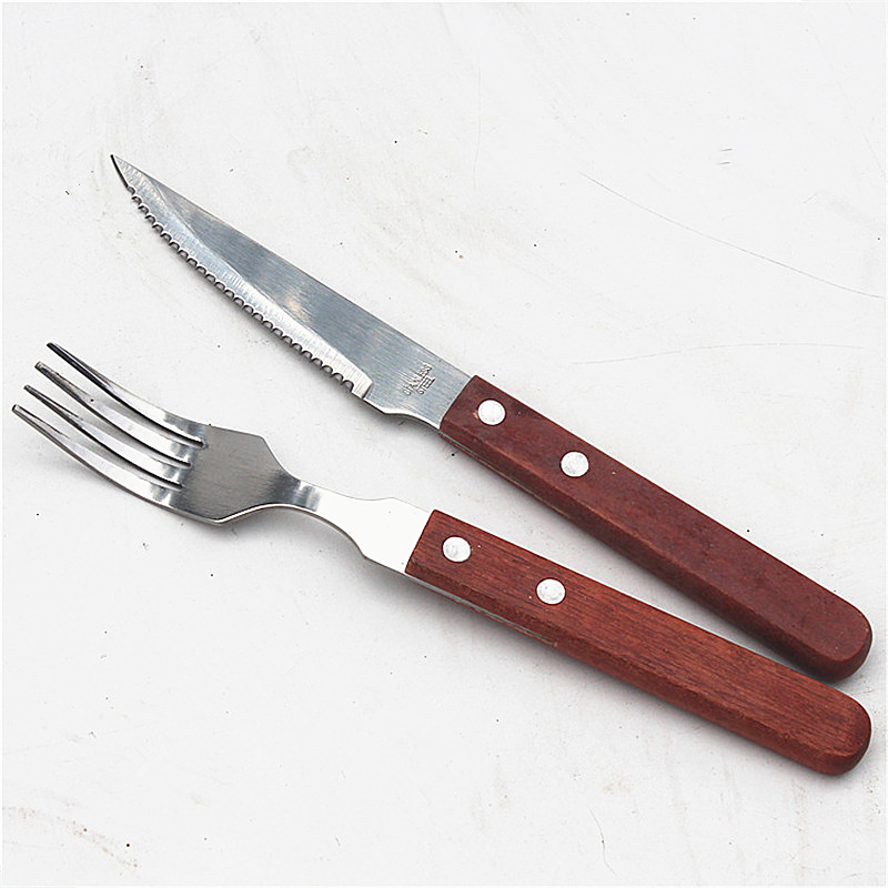Bbq gereedschap Barbecue accessoires houten handvat steak mes en vork twee sets rvs messen en vork