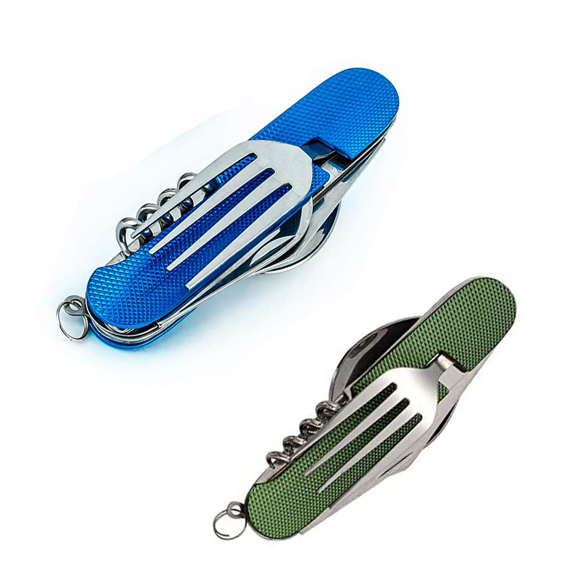 Multifunctional Foldable Pocket Stainless Steel Outdoor Camping Picnic Cutlery Knife Fork Spoon Tableware Parts: Blue Green