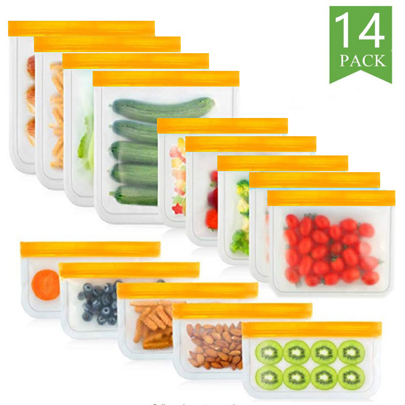BEEMAN 15pcs Silicone Food Bag Frosted PEVA Reusable Food Storage Bag Top Leak-Proof Food Freezer Bag Kitchen Fresh-Keeping Bag: 14 pieces yellow