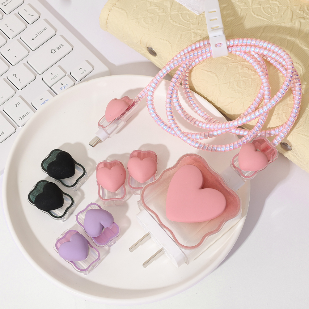 Funda protectora 4 en 1 para cargador de iPhone, carcasa protectora de Cable Love Heart para iPhone 15, 14, 11, 16, 18w, 20w, accesorios de bobinadora