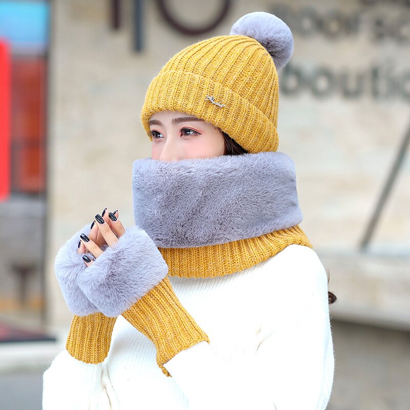 Conjunto de guantes de punto de algodón para mujer, conjunto de 3 piezas con bufanda y gorro de invierno, guantes de cuello y babero: yellow
