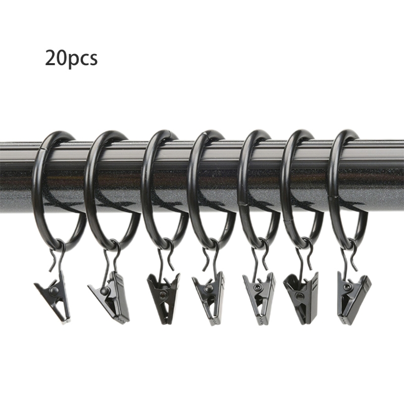 20 Pcs Metal Curtain Clips Shower Curtain Rings with Clips and Eyelets Drapery Rings for Tension Rod Bracket Eyelets: Black
