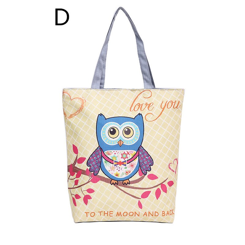 Yogodlns Cartoon Uil Gedrukt Shoudler Bag Vrouwen Canvas Strandtas Vrouwelijke Canvas Handtas Dagelijks Gebruik Schouder Boodschappentassen: D