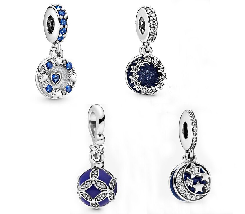 Abalorios de plata de ley 925 con de momentos de estrellas del cielo azules, cuentas de amor compatibles con la pulsera Pan Original para mujer, joyería DIY