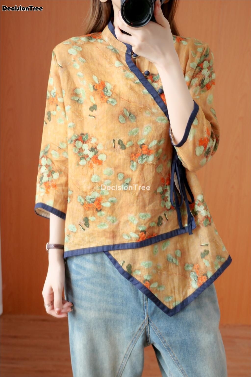 Camisa tradicional china de algodón para mujer, tops de estilo chino, ropa de té folclórica retro, blusas con estampado de flores, Blusa de gasa diaria 2022