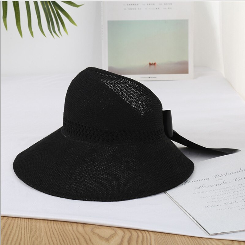 Sombrero de playa con lazo para mujer, gorra de ala ancha plegable, protección solar, visera vacía: 5