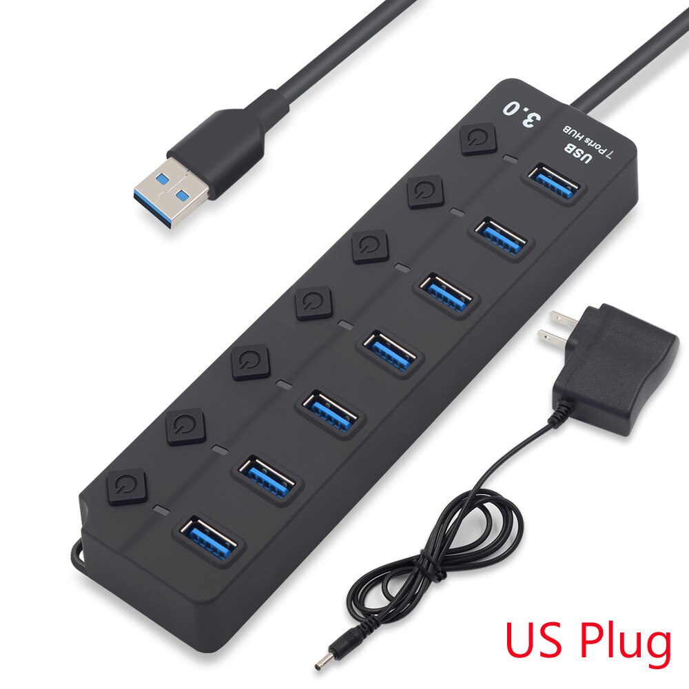 USB 3.0 Hub 4/7 Port Super Speed USB 3 Data Hub met Individuele Schakelaars & EU/ US Power Adapter voor MacBook Laptop PC: 7 ports US Plug