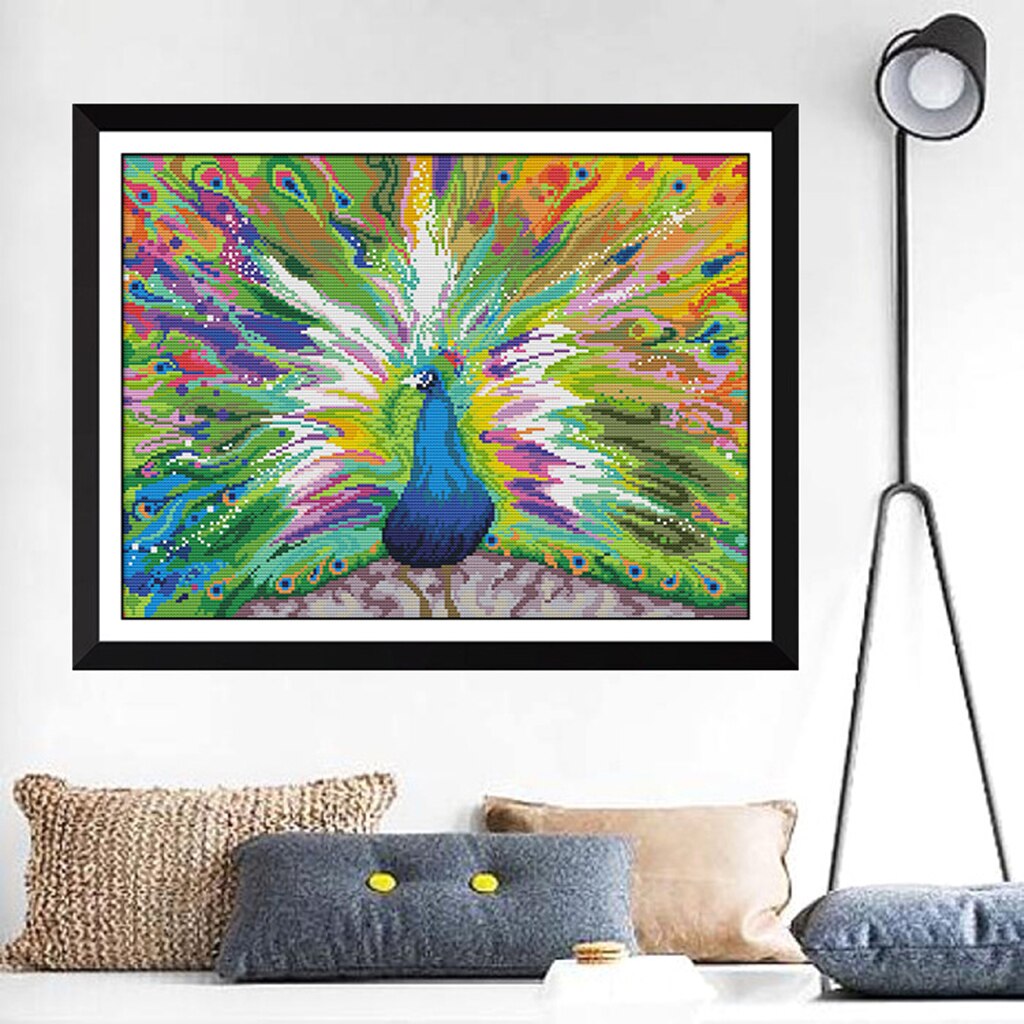 11CT 14CT Stamped Cross Stitch Kits Pre-Printed Peacock Pattern for Adults