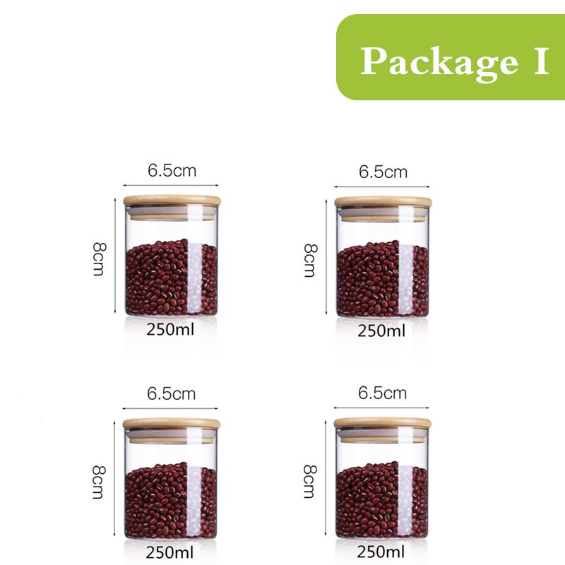 Glasburkar med bambulock mini kaffe socker te burk spannmålsdispenser flaska glasburkar förseglad förvaringstank: 8 x 6.5cm 250 ml x 4