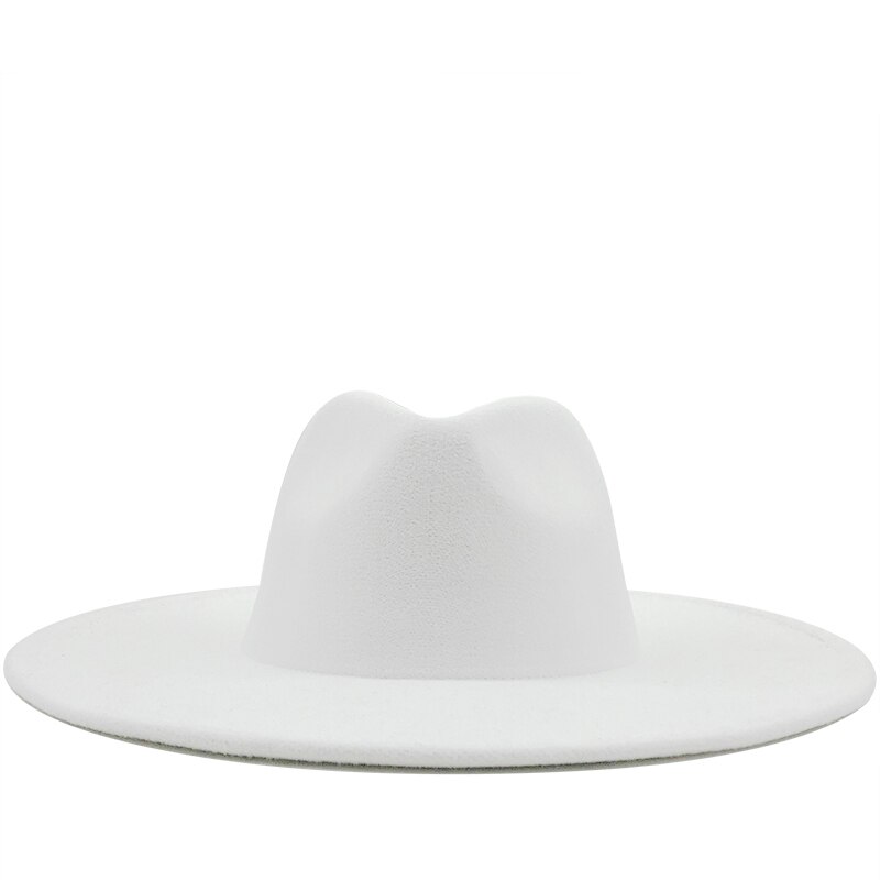 Simple british style vinteruld solid klassisk fedoras cap mænd kvinder panama jazz hat 9.5cm wide brim big fedoras: Hvid