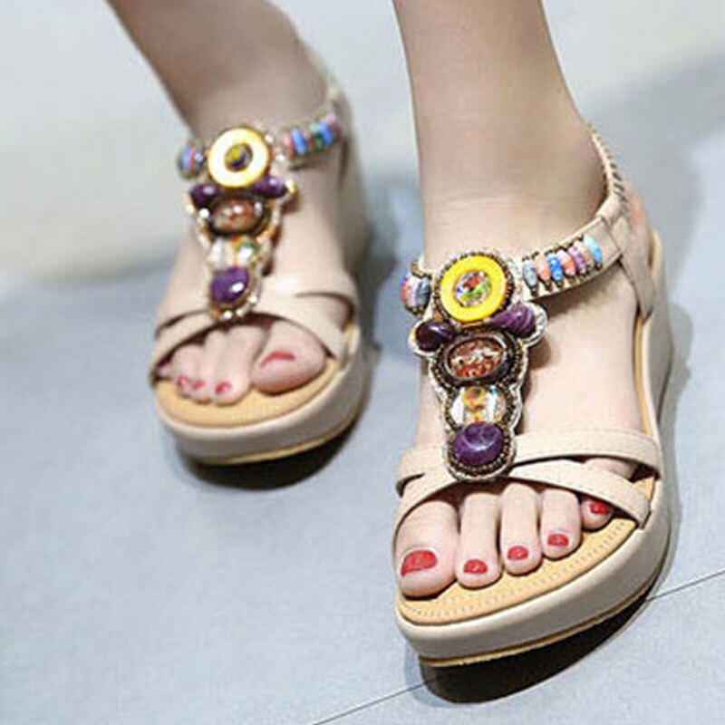 YAERNI-sandales d'été pour femmes, style bohémien, chaussures d'été à talon incliné, perlées, grande taille 35-42, chaussures d'été