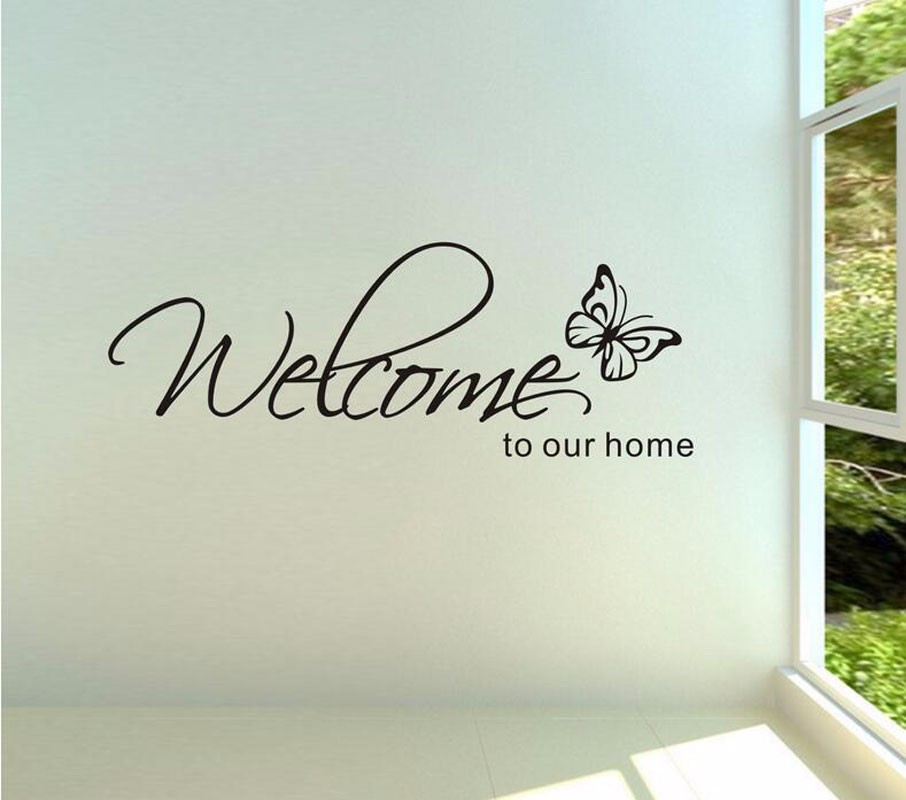 &#39;Welkom Om Onze Home&#39; Tekst Patronen Muursticker Home Decor Woonkamer Decals Behang Slaapkamer Decoratieve Vlinder Stickers