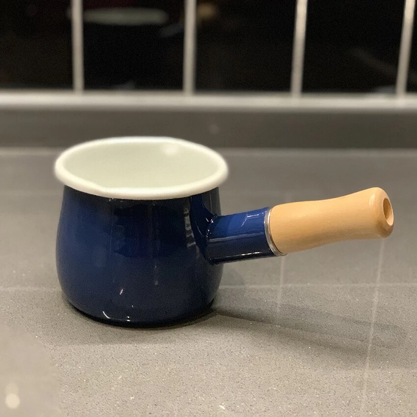 Melk Pot Pan Klei Koken Klassieke Non Stick Mini Koffie Emaille Gietijzeren Nederlandse Oven Met Enkele Houten Handvat: BLUE