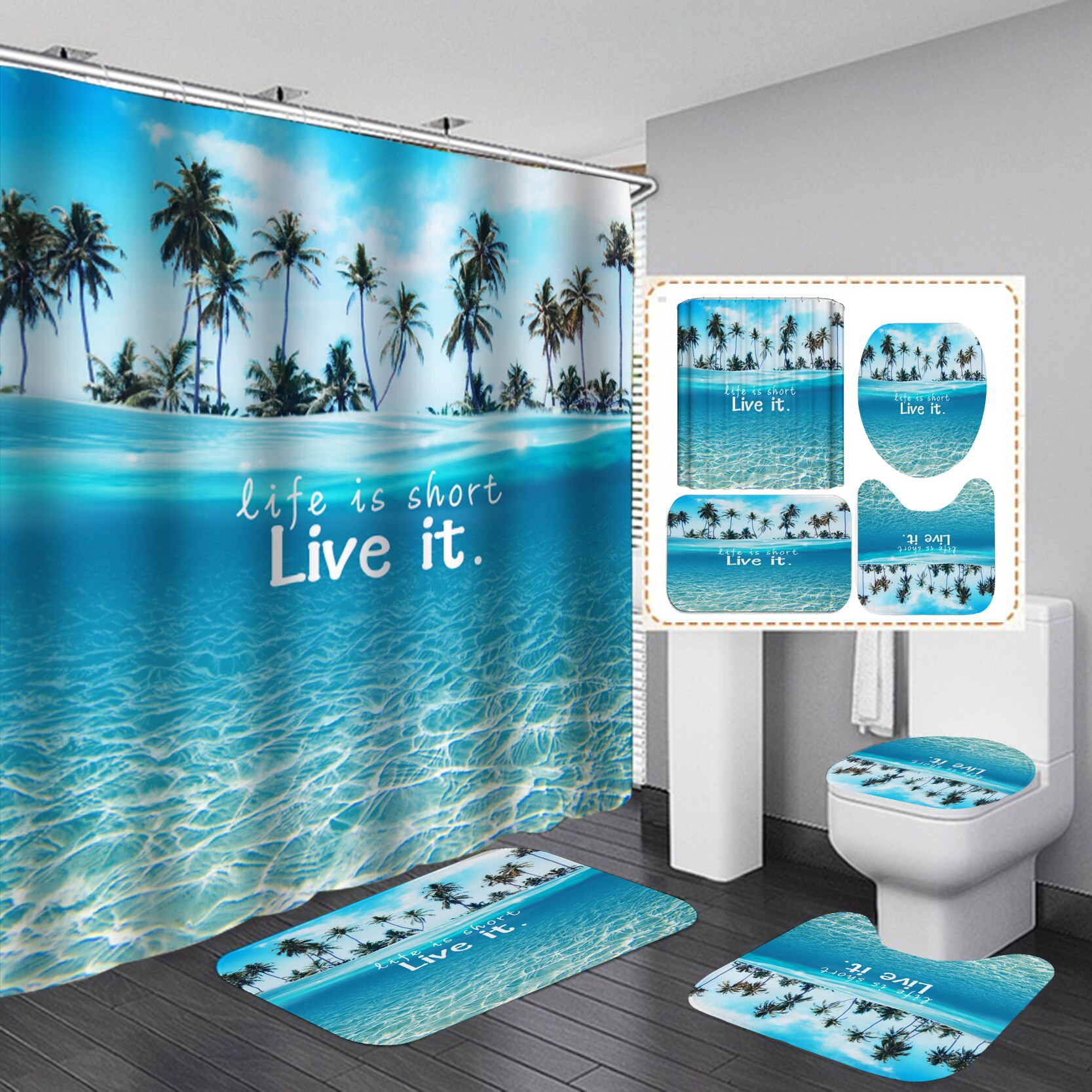 Coastal Strand Landschap Gedrukt Patroon Douchegordijn Voetstuk Tapijt Deksel Wc Cover Mat Badmat Set Badkamer Gordijnen Met Haken: N 4PCS