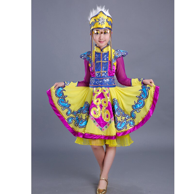 Vestido de Mongolia amarillo para niños para el escenario de los trajes nacionales chinos niñas Hmong Ropa de baile niños traje de danza tradicional