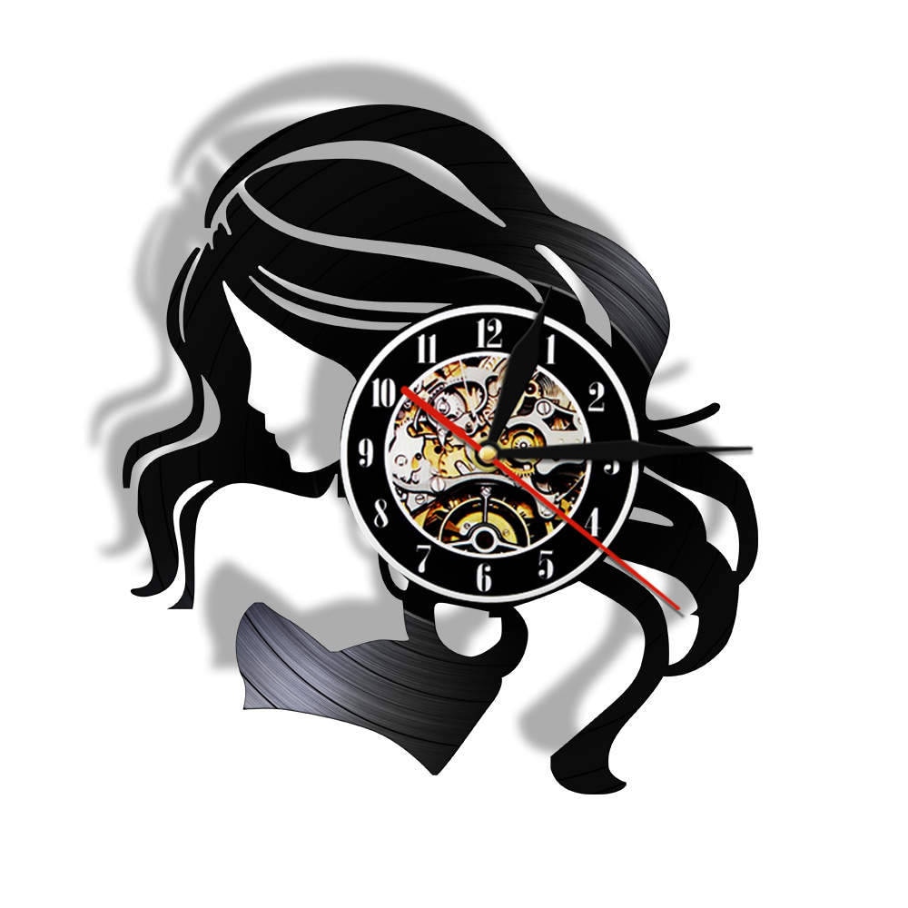 Beauty Lady With Long Hair Vintage Vinyl Record Wall Clock Beauty Salon Business Sign Woman Hair Care Barber Wall Clocks Watch